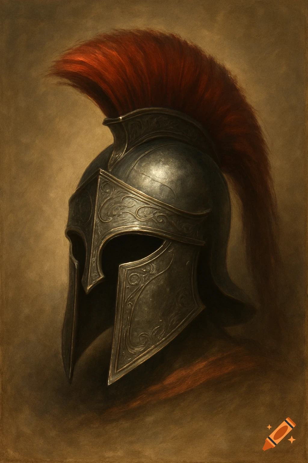 A detailed, close-up side profile of a dark metallic Spartan helmet with a vibrant red plume on a textured brown background.