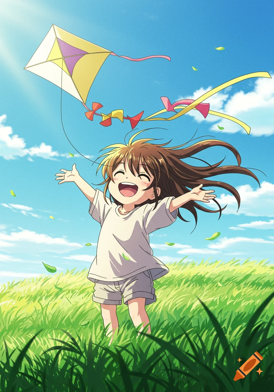A happy anime child with long brown hair, arms spread wide, laughs in a green field with a kite flying in the blue sky.