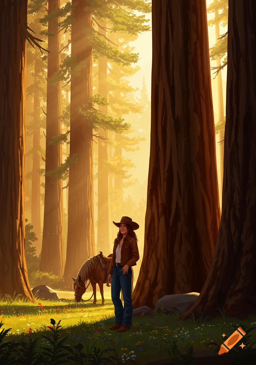 An illustrated cowgirl stands with her horse grazing in a sunlit redwood forest, light rays piercing through tall trees.