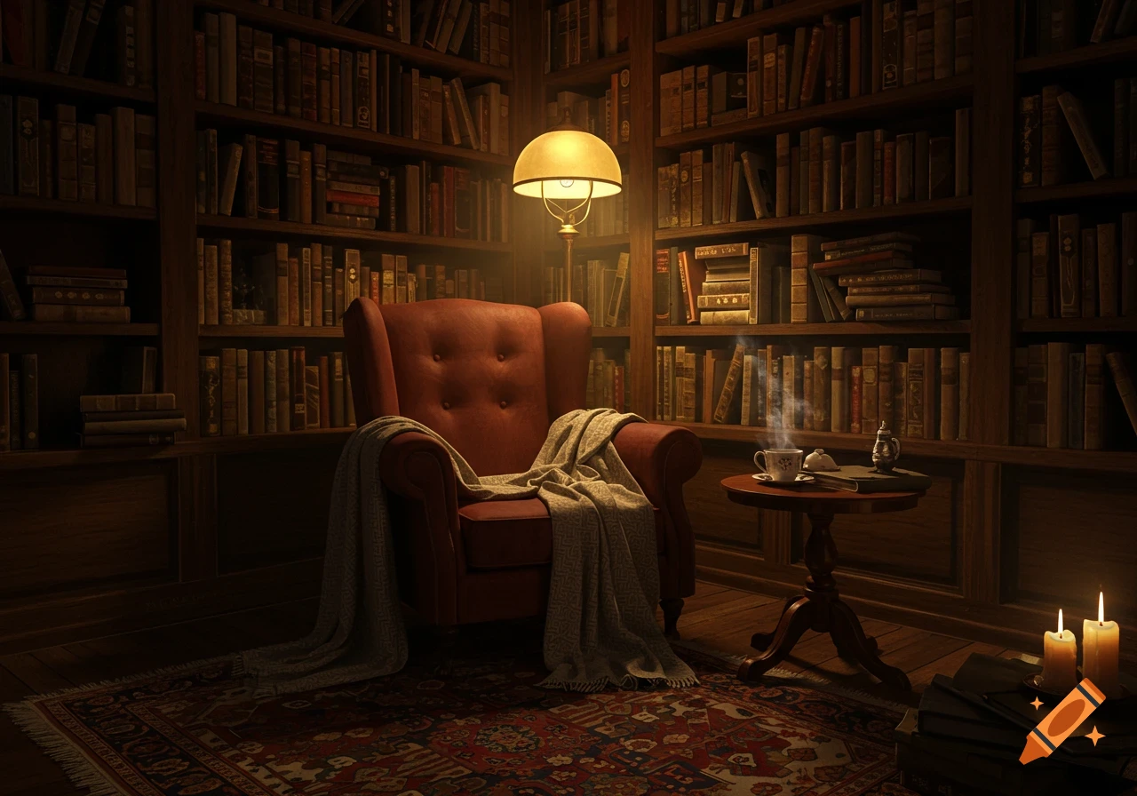 A dimly lit, cozy library corner with a red armchair, floor lamp, small table with a steaming cup, and tall bookshelves.