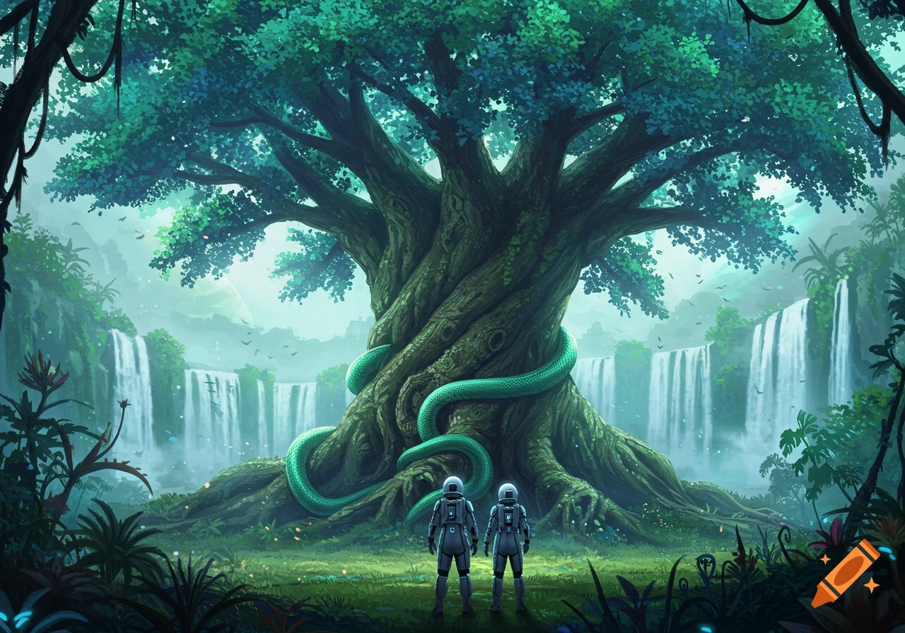 Two astronauts stand before a massive, gnarled tree with a large green snake wrapped around it, in a lush jungle with multiple waterfalls cascading in the background, under a mystical green sky. Digital painting.