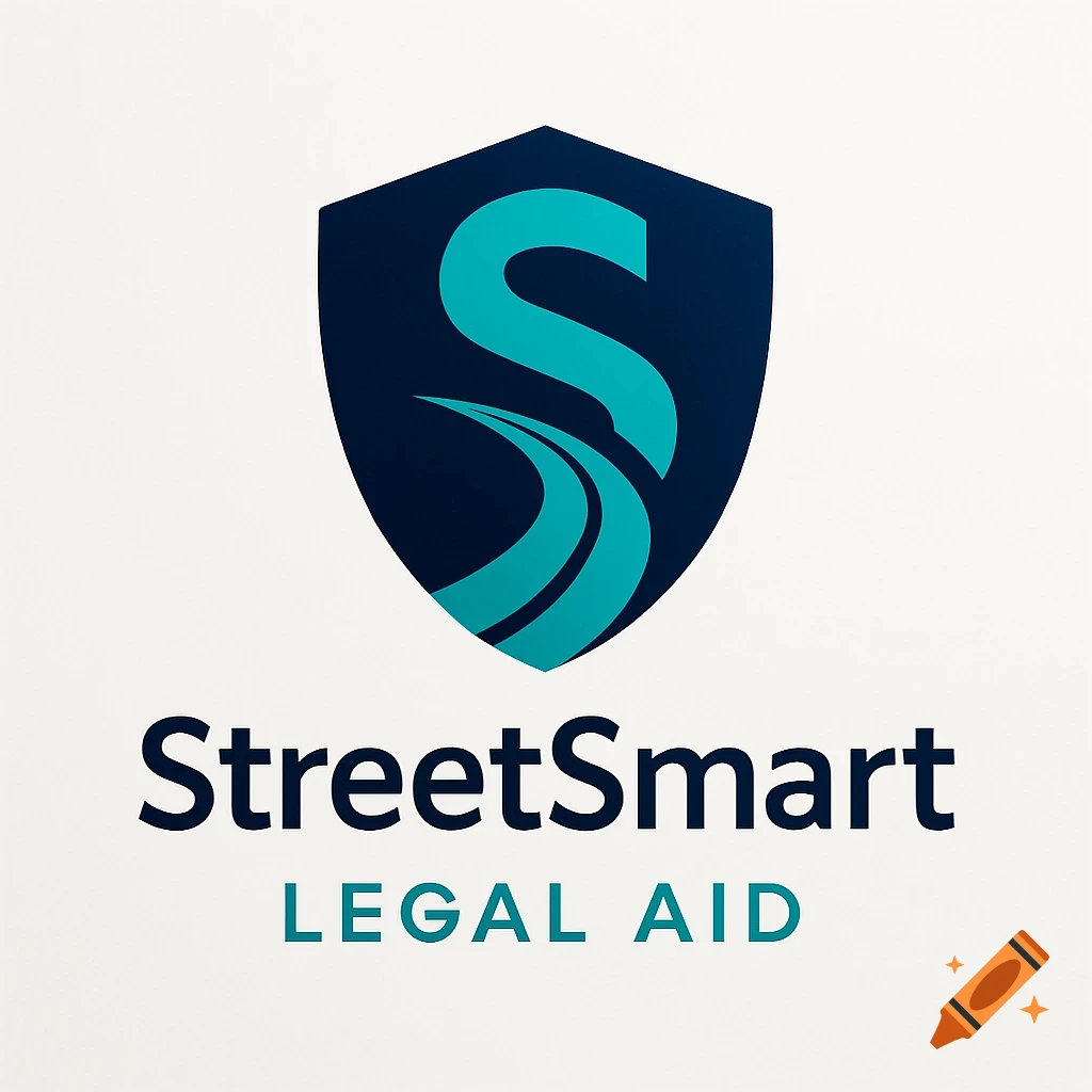 A logo featuring a dark blue shield with a light blue stylized 'S' and a road graphic, above 'StreetSmart LEGAL AID' text.