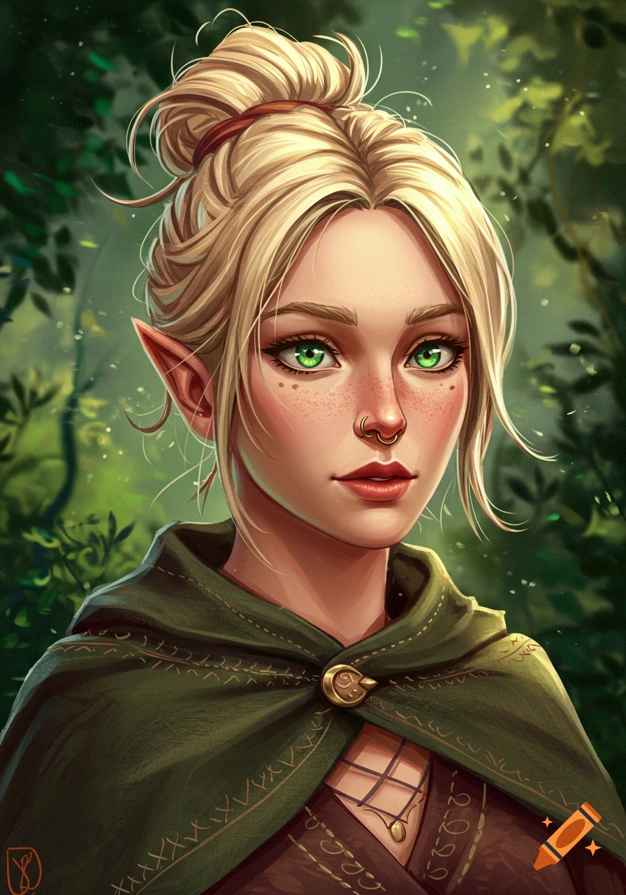 Digital painting of an elf woman with blonde hair in a messy bun, green eyes, freckles, and a nose ring, wearing a green cloak in a forest.