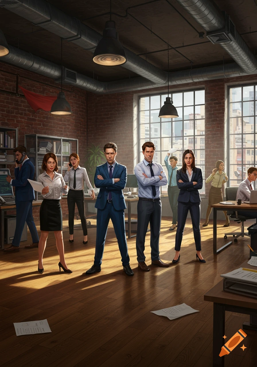 A group of professional men and women in suits standing assertively in a modern office with brick walls and large windows.