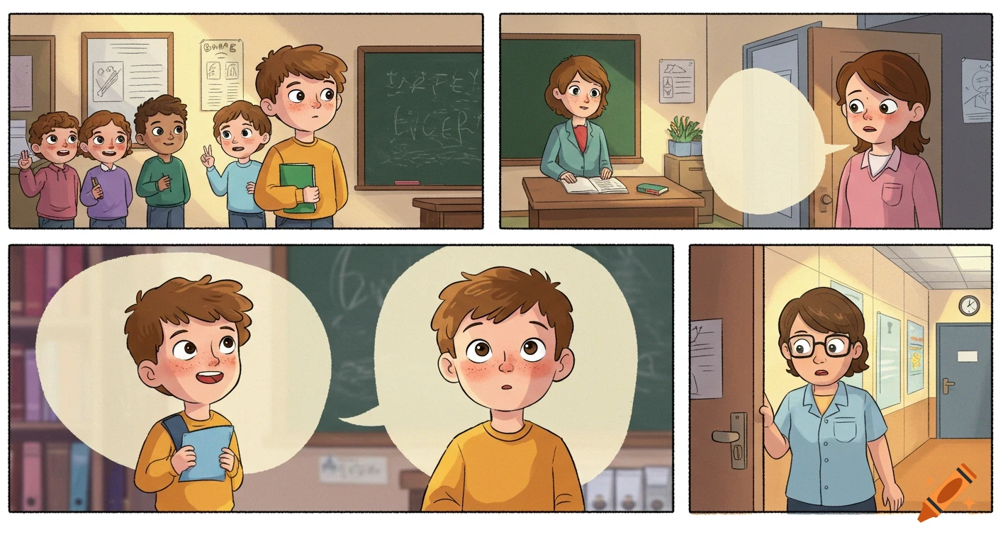 Multi-panel cartoon shows a boy at school interacting with friends, a teacher, and a cleaning lady, demonstrating respect.