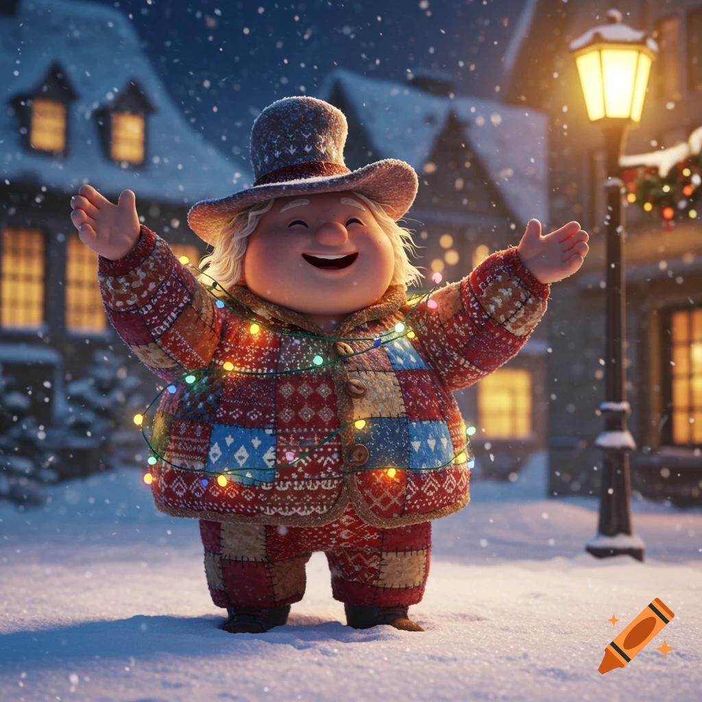 A cheerful, portly cartoon character in a patchwork outfit, wrapped in Christmas lights, stands smiling in the snow at night.