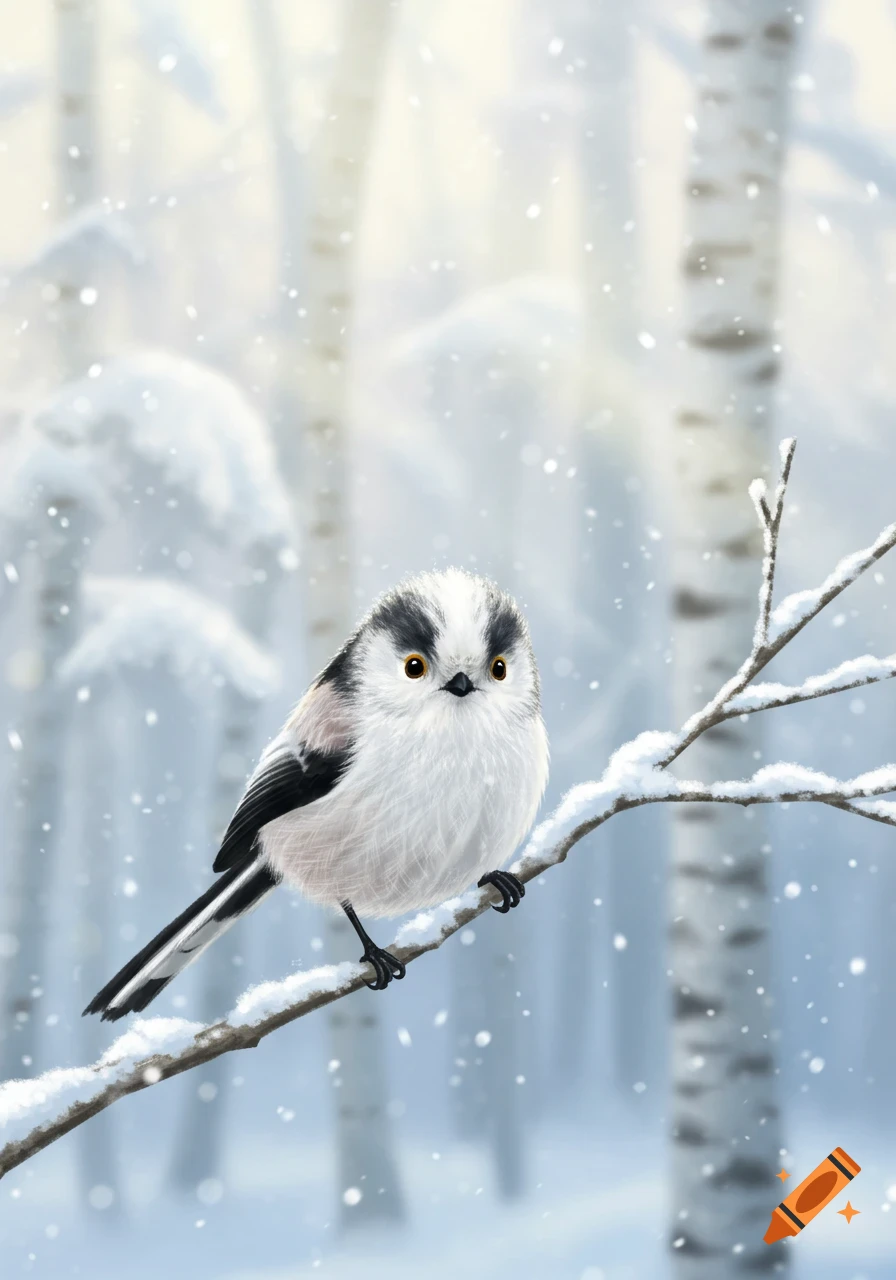 Fluffy white long-tailed tit perched on a snowy branch in a winter forest, digital art illustration.