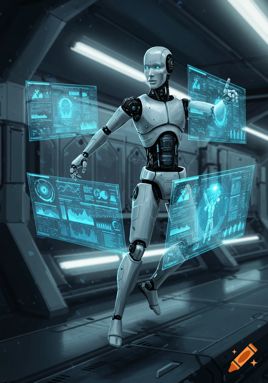 A white humanoid robot floats amidst glowing blue holographic data screens in a dark, futuristic laboratory.