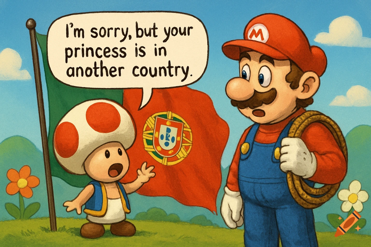 Toad tells Mario, 'I'm sorry, but your princess is in another country,' in front of the Portuguese flag, cartoon style.