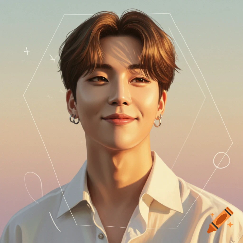 Illustrative portrait of a smiling young man with brown hair, hoop earrings, and a white shirt against a pastel sky background with abstract lines.