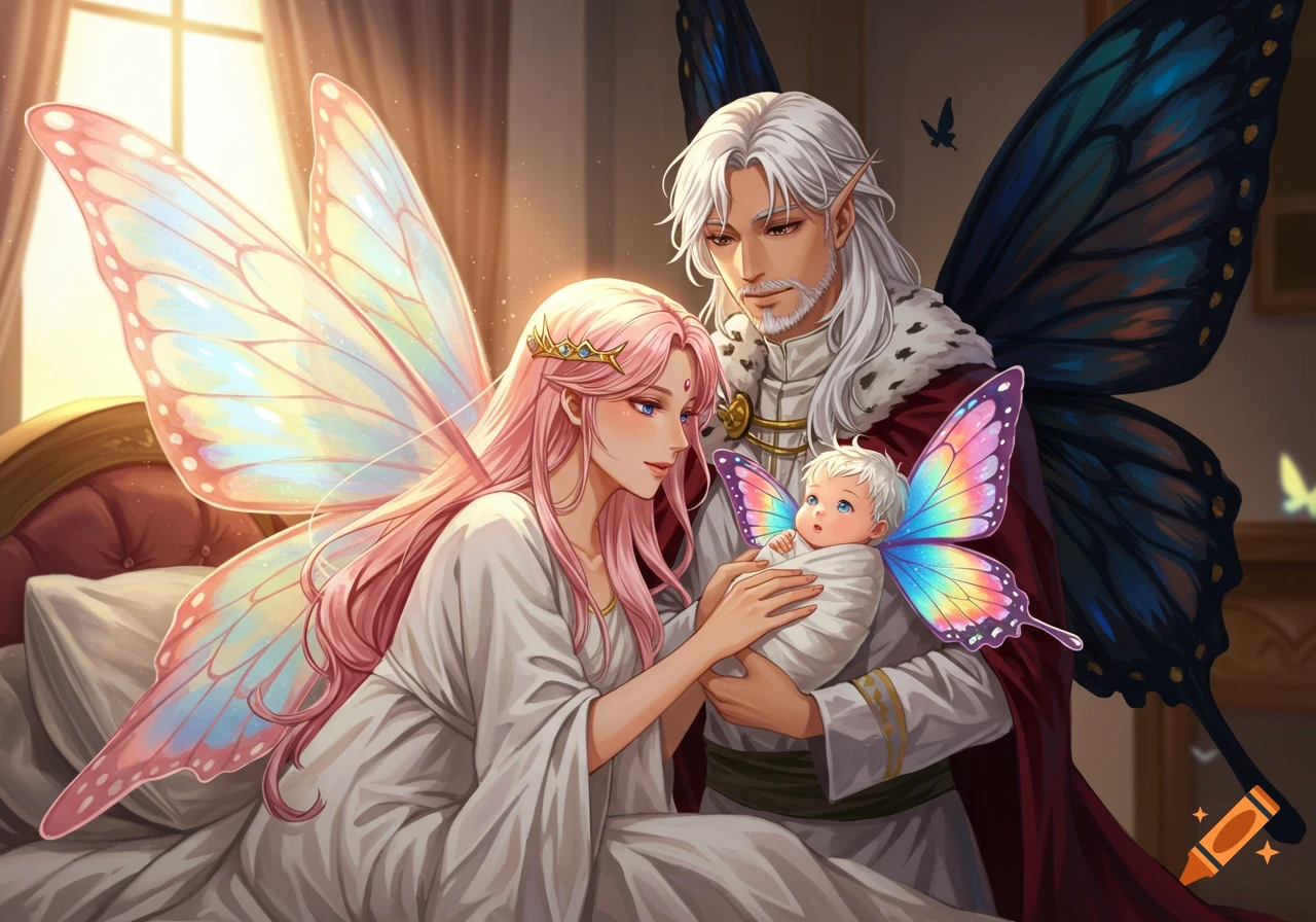 Anime art of a fairy queen with pink hair and a king with white hair holding their baby, all with butterfly wings, indoors.
