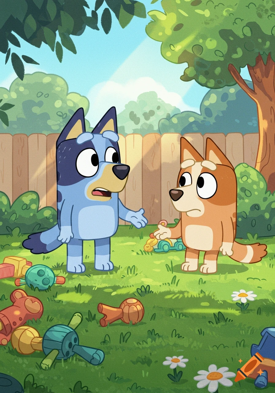 Bluey and Bingo, two cartoon dogs, stand in a sunny backyard filled with scattered toys, appearing to have a conversation.