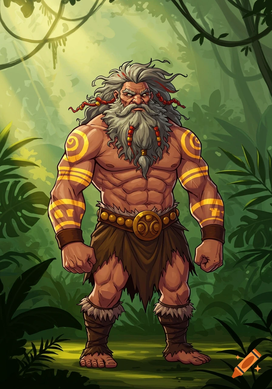 A cartoon illustration of a strong, old barbarian man with a gray beard, yellow tribal tattoos, and a loincloth, standing in a jungle.