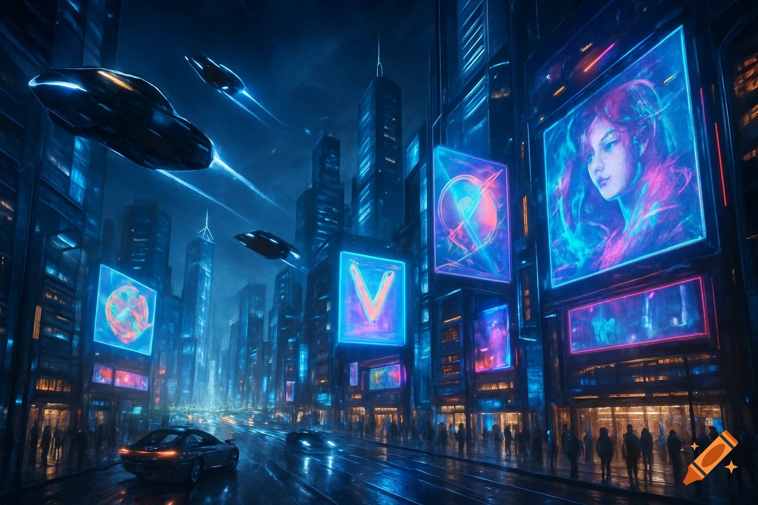 A dark, neon-lit futuristic city street at night with skyscrapers, flying cars, and holographic billboards displaying vibrant abstract art.