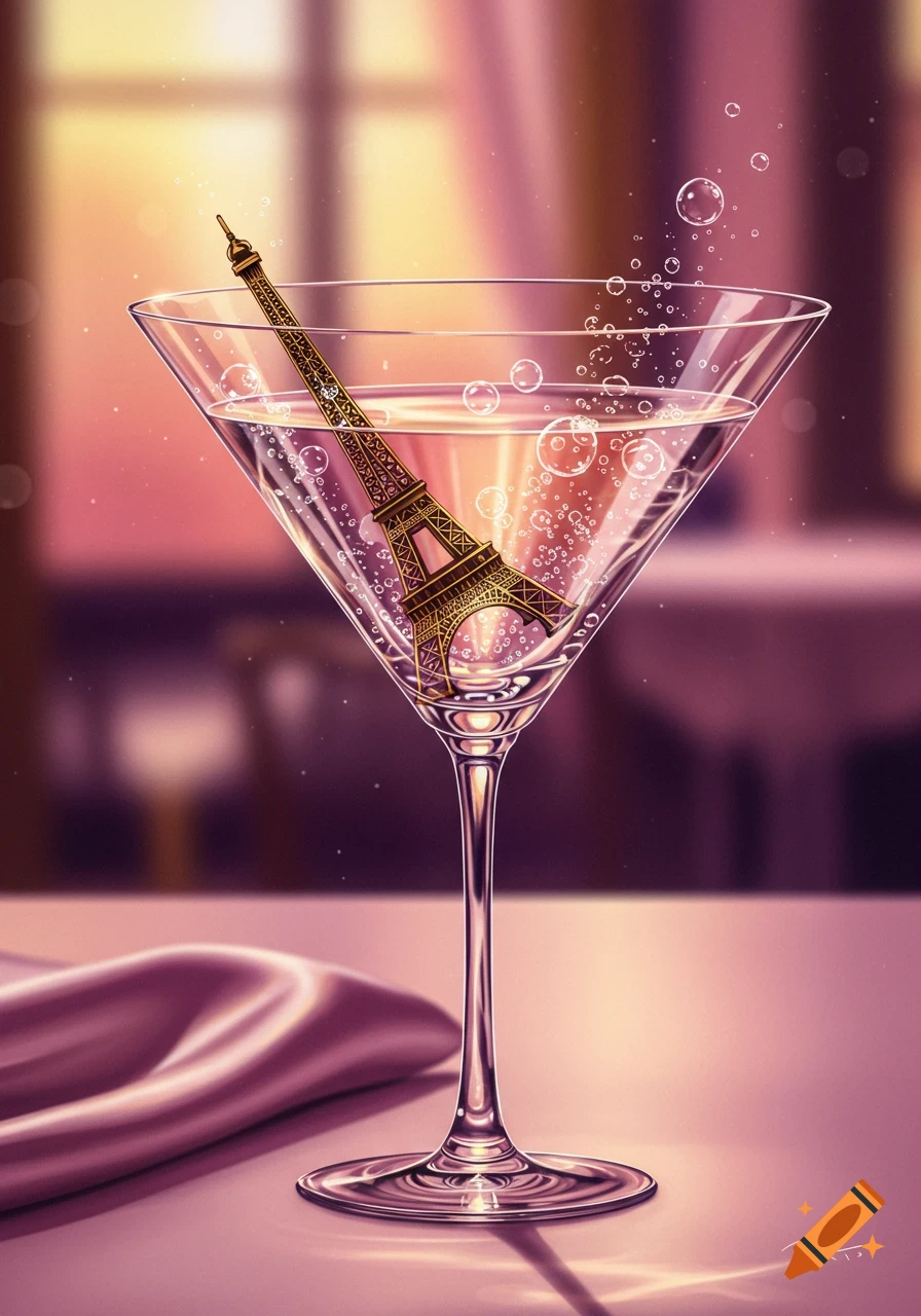 Artistic illustration of a martini glass holding a golden Eiffel Tower with bubbles, against a blurred pink background.