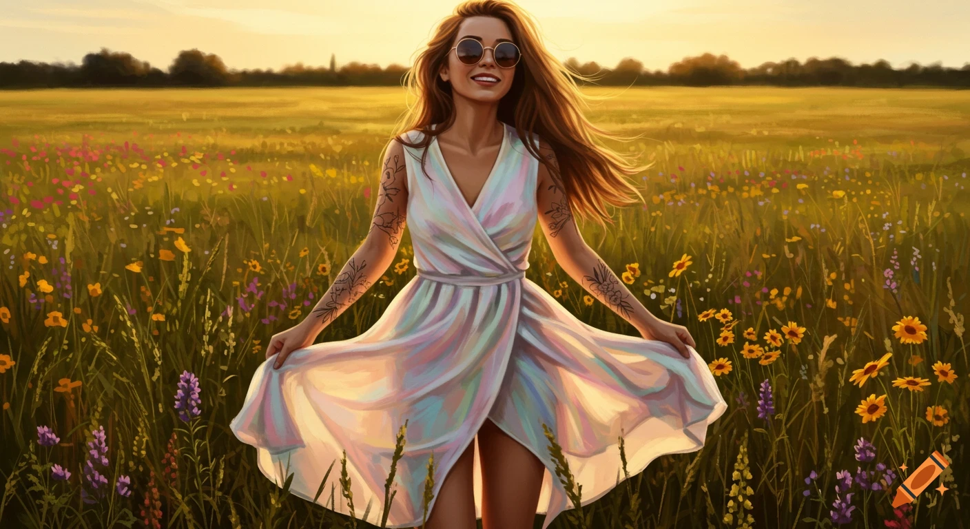 Smiling woman with long brown hair, sunglasses, and floral tattoos in a flowing summer dress, posing in a sunny field of wildflowers at golden hour, rendered in a realistic, painterly style.