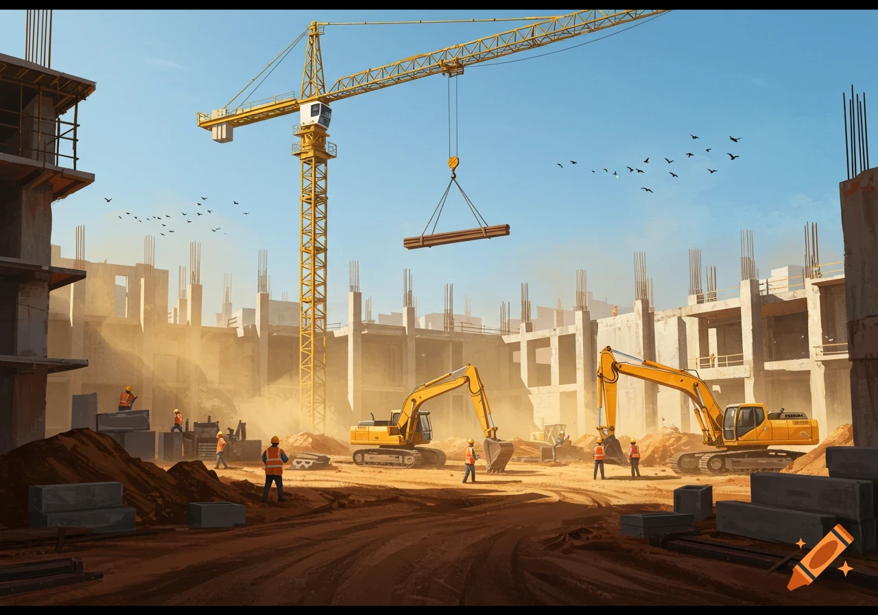 An illustrative view of a busy construction site with a large yellow crane lifting materials, two excavators, and workers in hard hats.