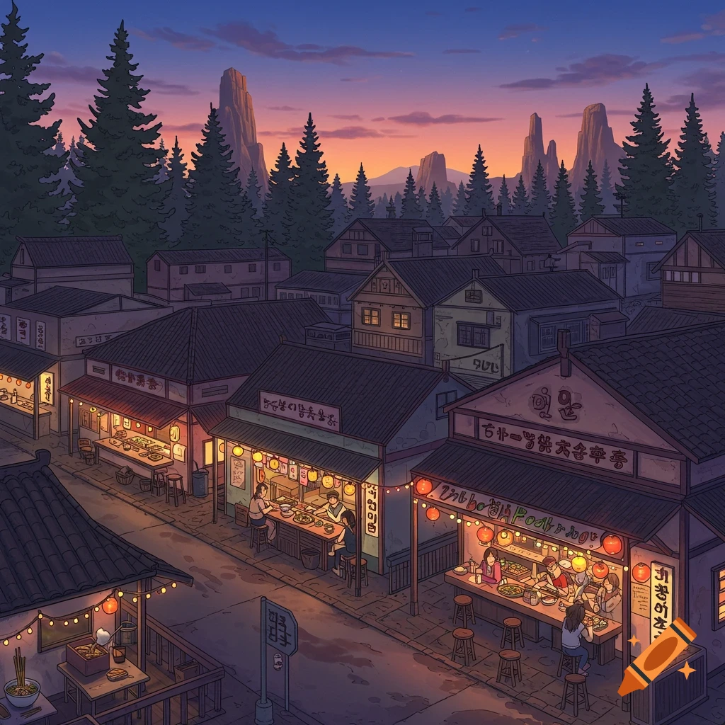 An anime-style town at dusk with glowing noodle restaurants, a dense pine forest, and tall plateaus under a purple sky.