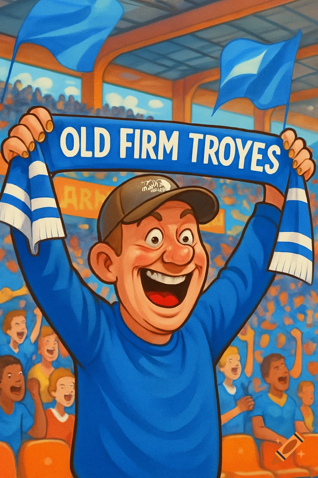 A cartoon man in a blue shirt and cap cheers in a stadium, holding a blue and white scarf that reads "OLD FIRM TROYES".
