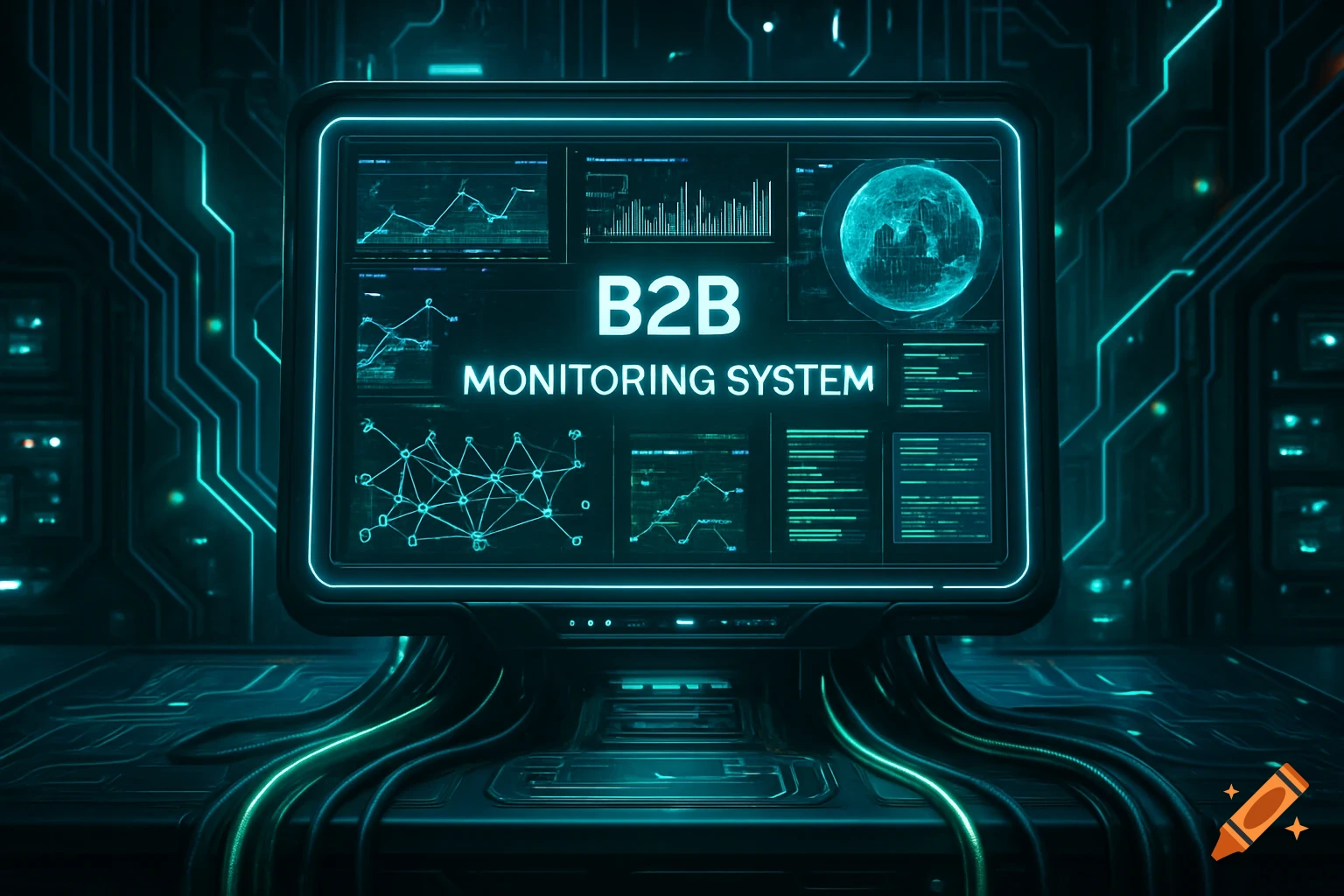 Futuristic computer monitor displaying a 'B2B Monitoring System' with data, glowing cyan on a dark, circuit-patterned background.