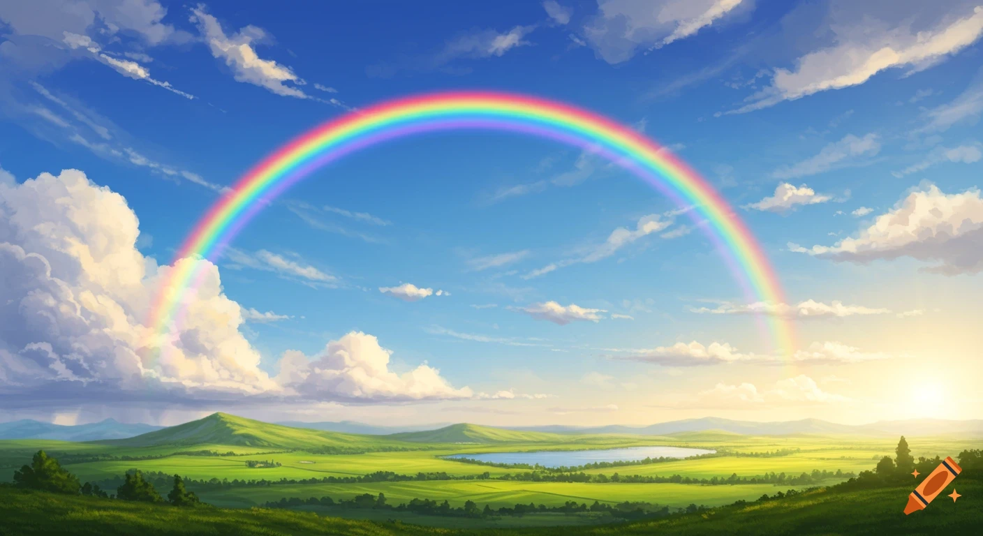 A vibrant rainbow arches over green rolling hills, a calm lake, and a bright blue sky with fluffy clouds.