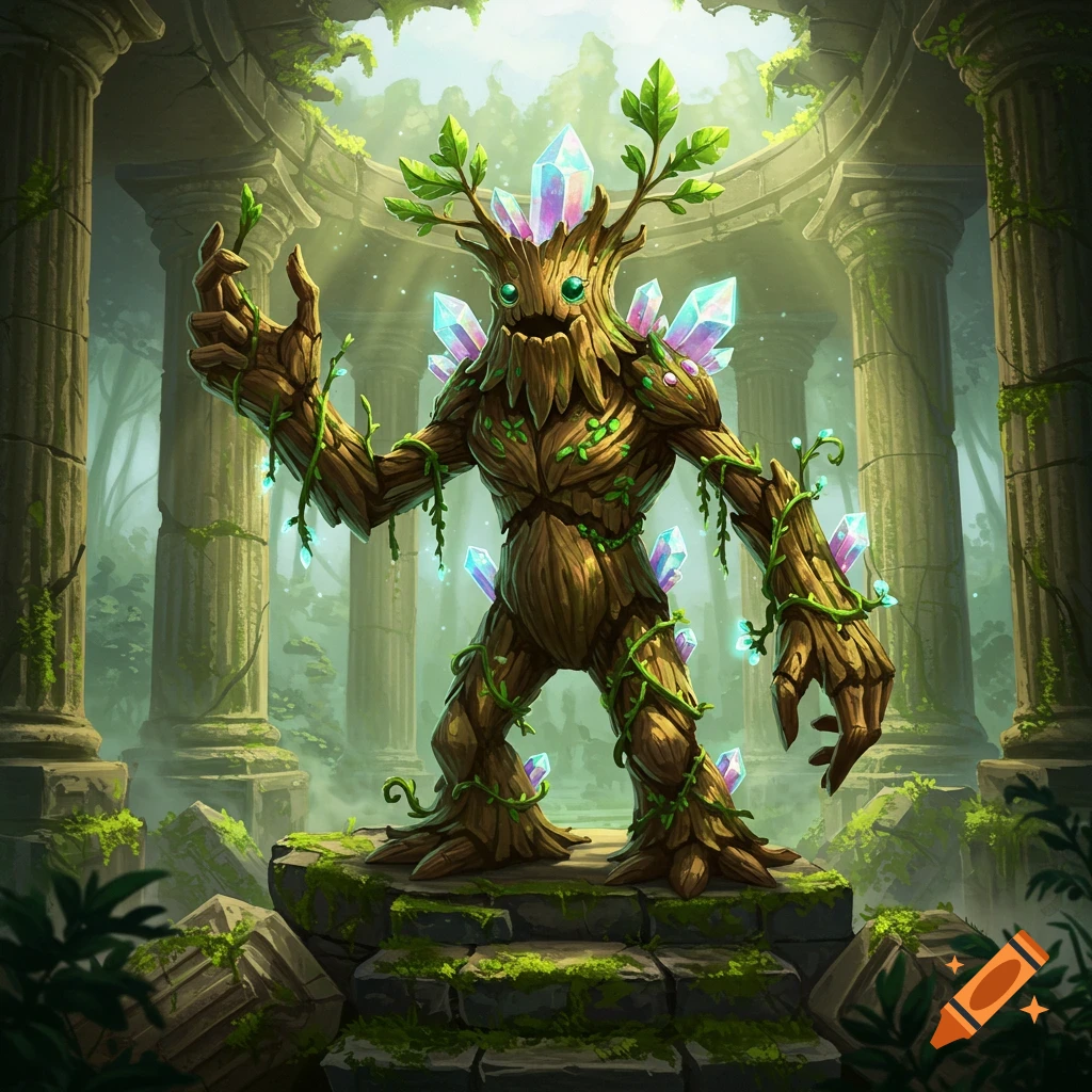 A stylized wood and crystal elemental creature stands on mossy steps in ancient ruins with columns.