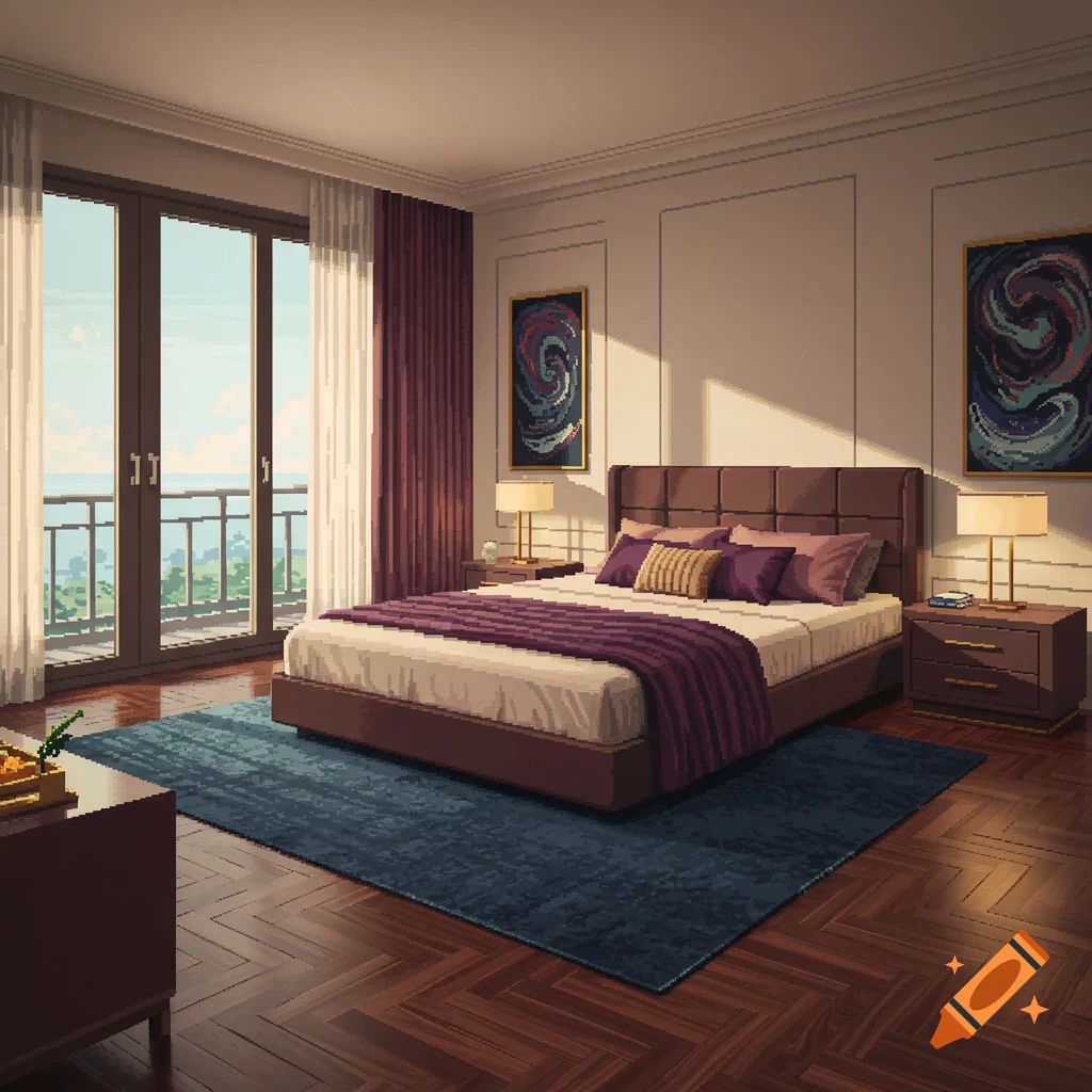 Modern luxurious pixel art bedroom with a large bed, balcony overlooking the sea, and elegant furnishings.