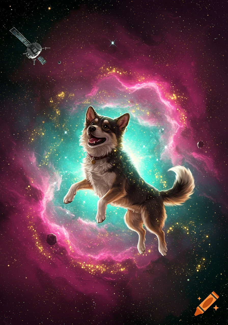 A cheerful dog floats amidst a vibrant pink and teal nebula, surrounded by sparkling stars and a distant satellite.