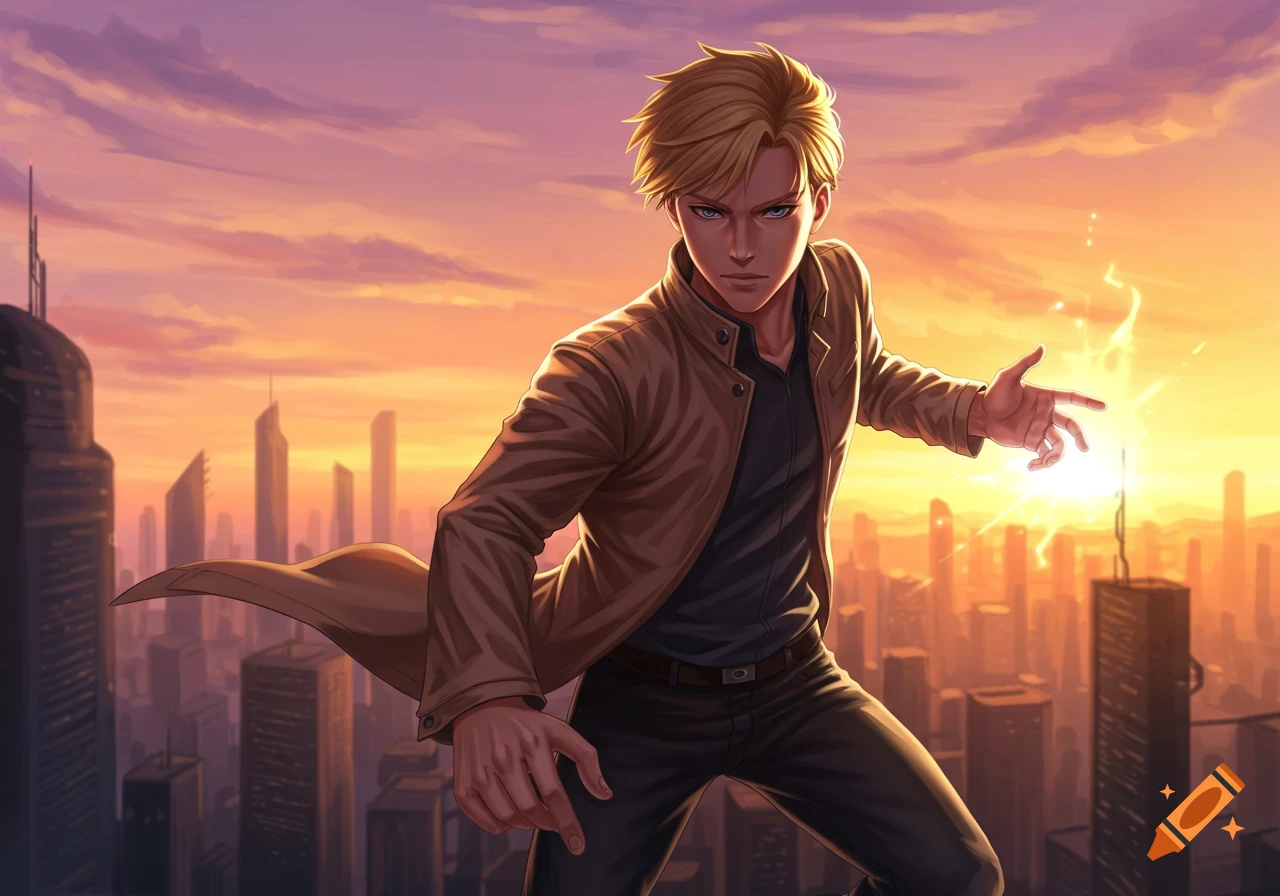 An anime man with blonde hair in a brown jacket, emitting glowing energy from his hand, stands on a rooftop overlooking a city at sunset.