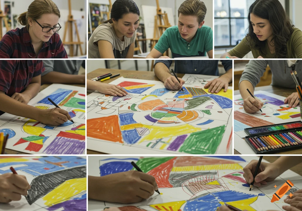 Students in an art class draw and color a vibrant abstract design together with pencils and markers.