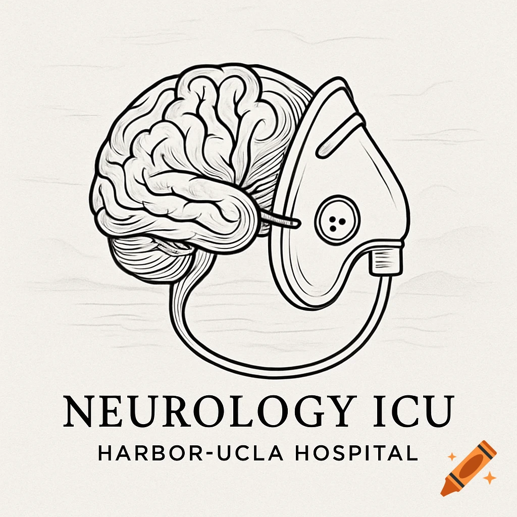 Fine line drawing logo of a human brain connected to an oxygen mask, with the text 'NEUROLOGY ICU HARBOR-UCLA HOSPITAL' below.