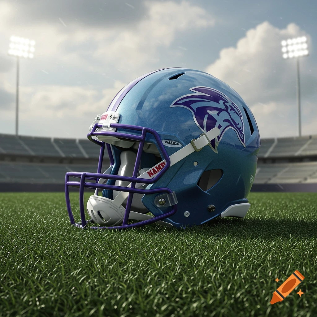 A photorealistic American football helmet in pacific blue and purple with a fierce animal logo on a green field in a stadium.