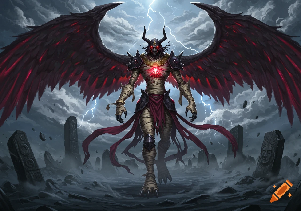 A dark, winged demon wrapped in bandages with glowing red eyes and chest, stands in a stormy, rocky landscape with monoliths, digital art.