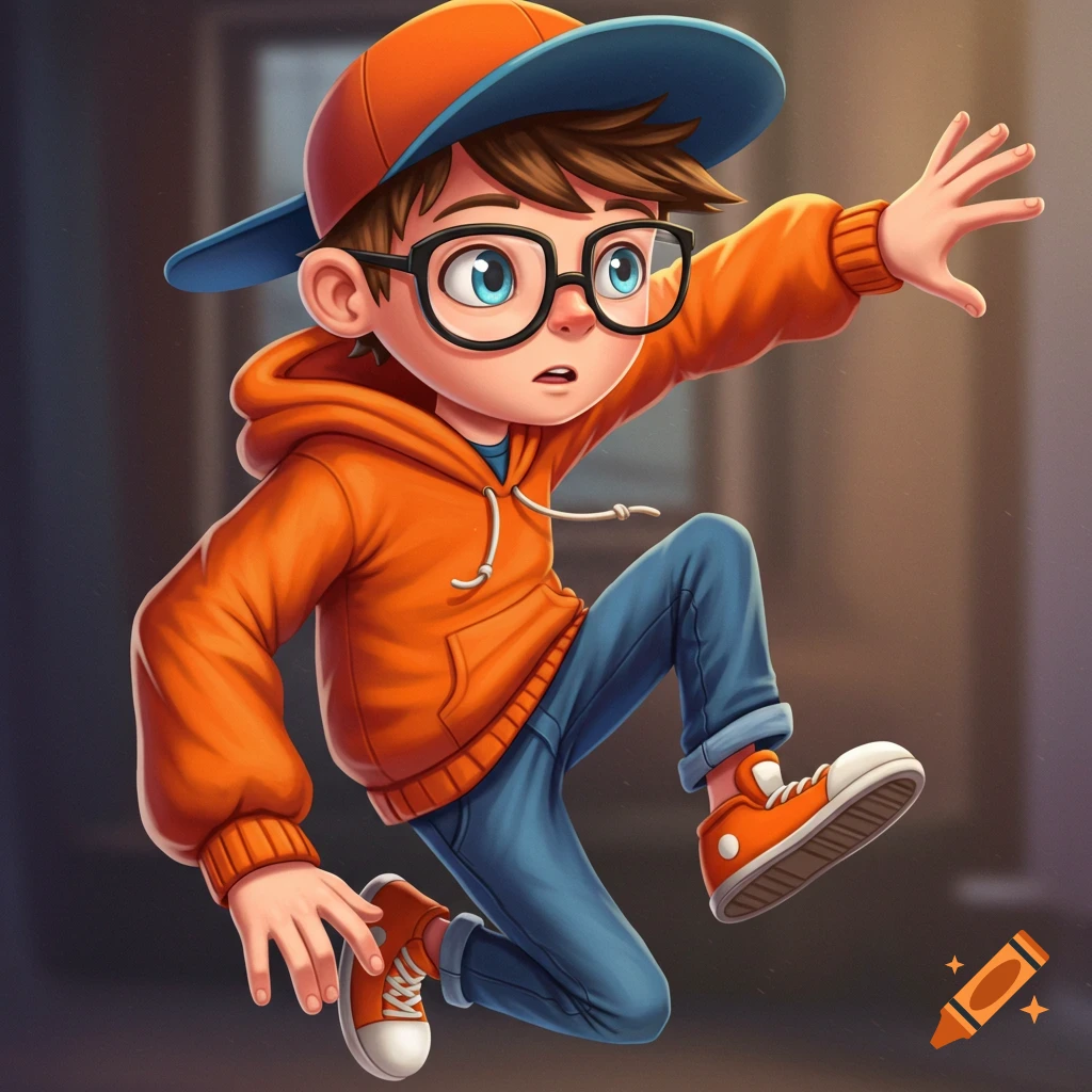 Cartoon boy with brown hair, glasses, orange hoodie, blue jeans, and a cap, mid-jump.