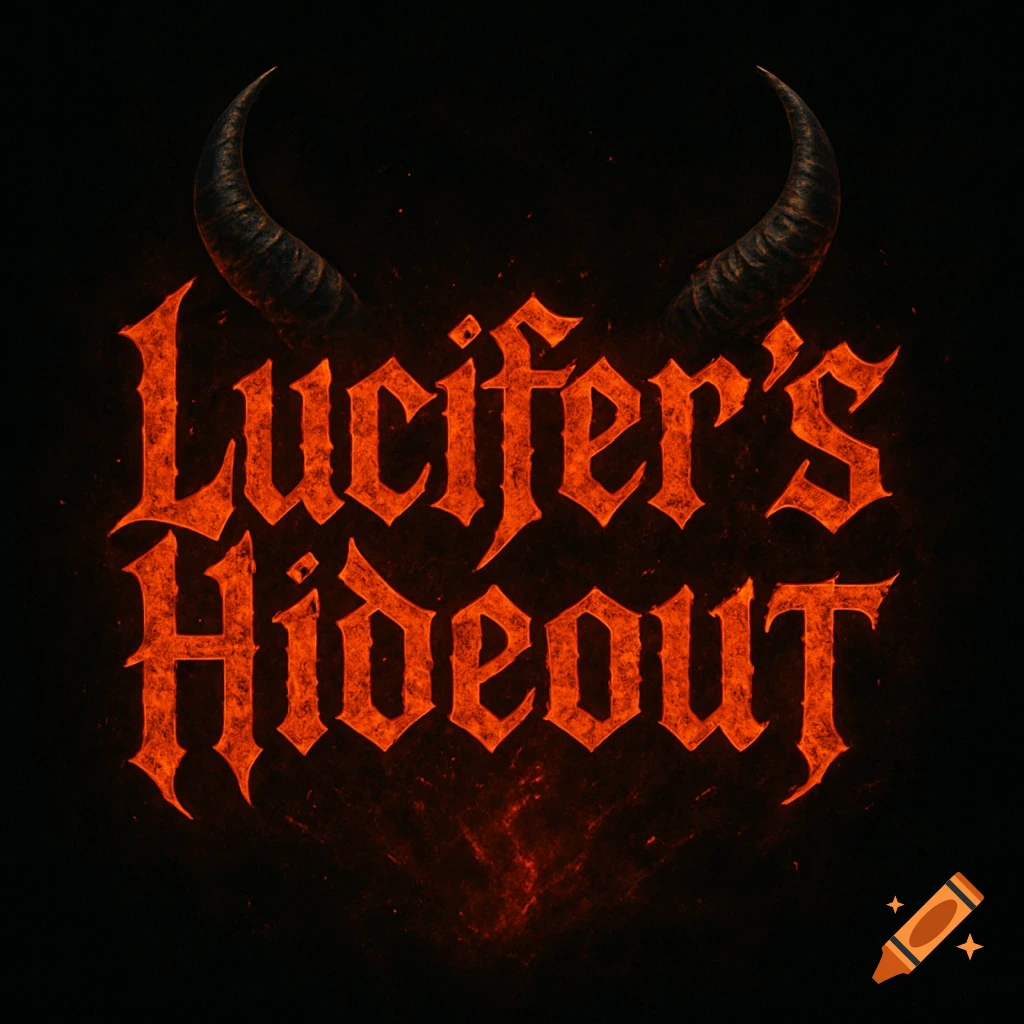 A demon-style logo with fiery red text "Lucifer's Hideout" and dark curved horns above on a black background.