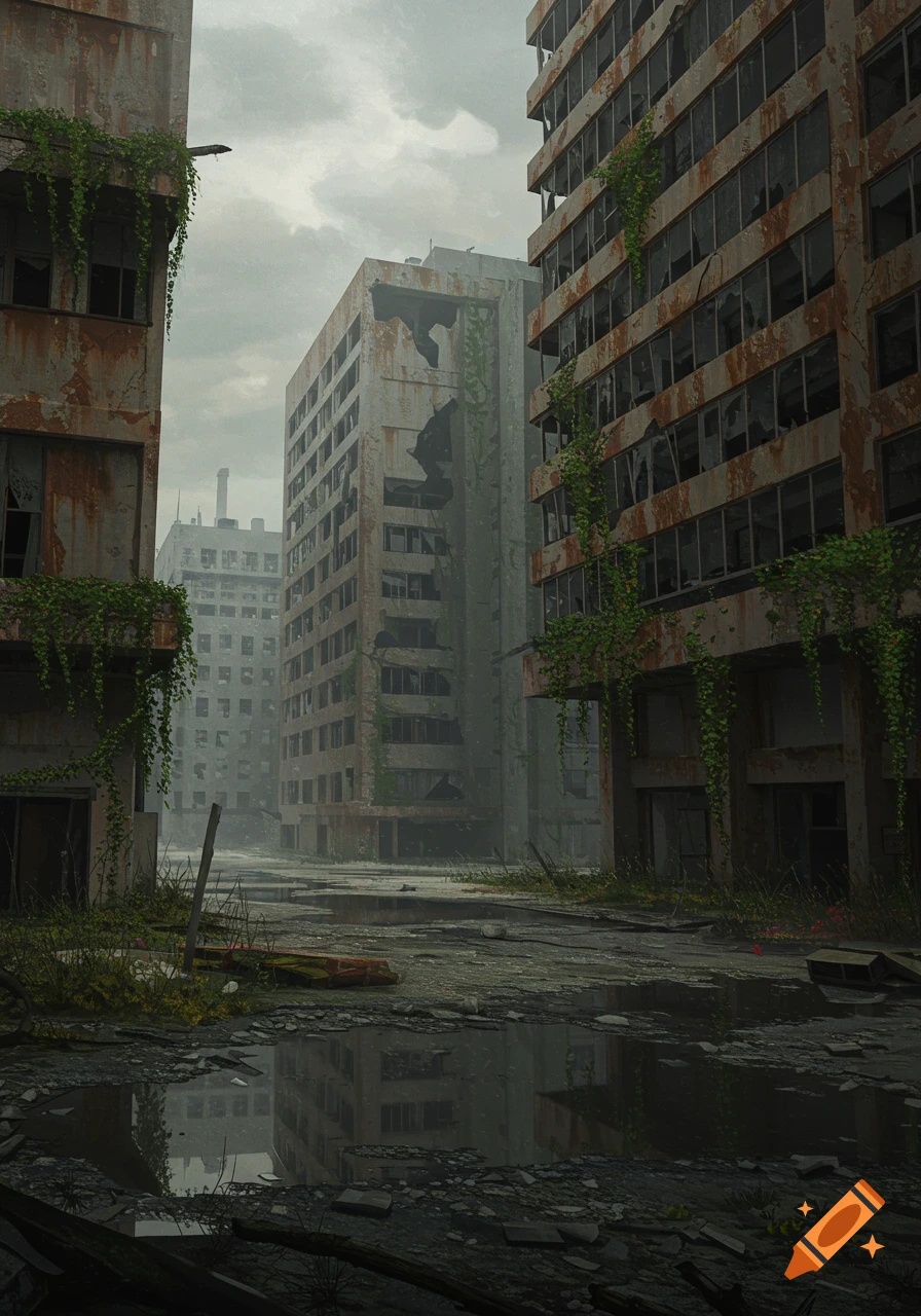 Photorealistic scene of a desolate, flooded street lined with crumbling, rusty office buildings overgrown with vines under a cloudy sky.