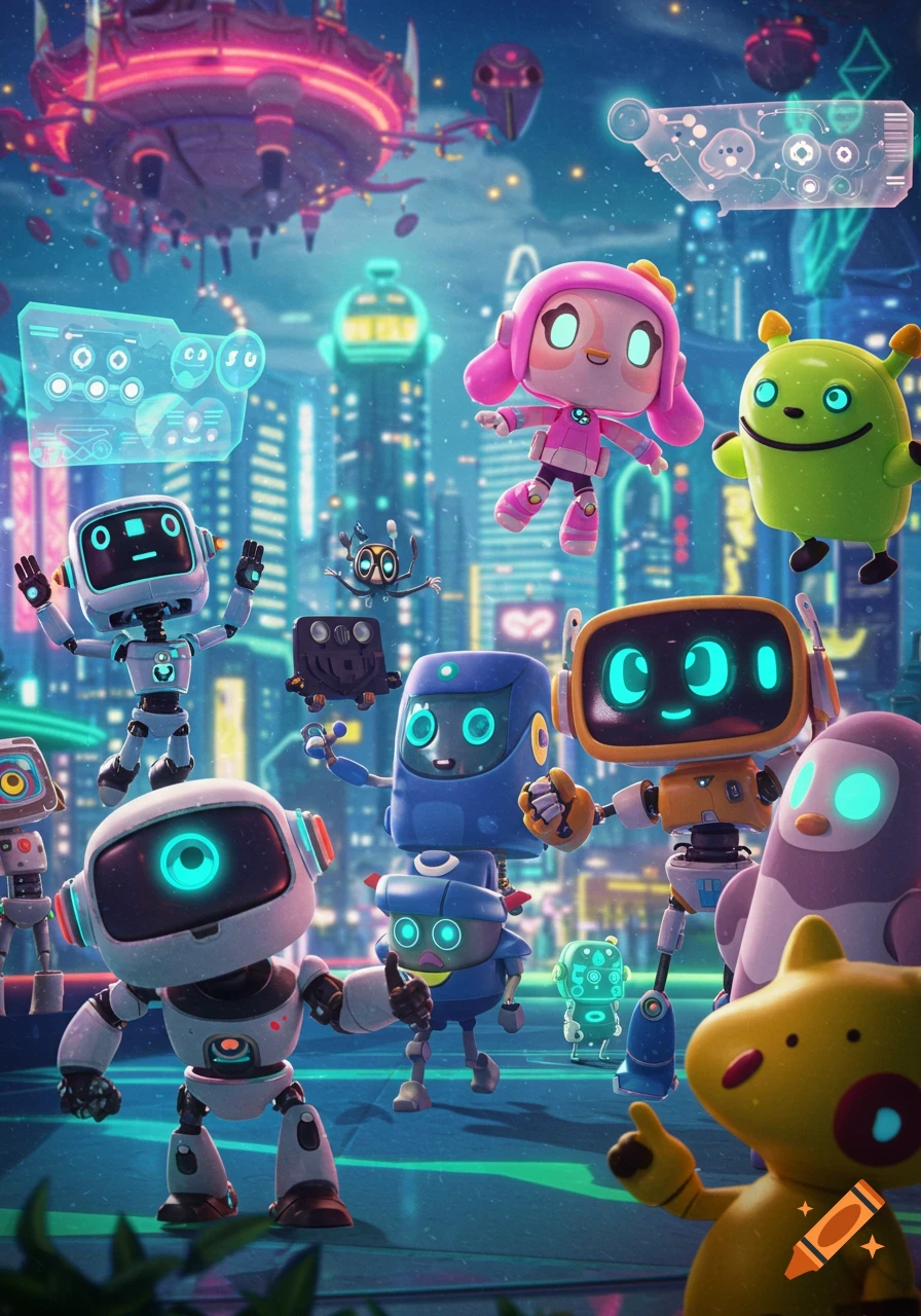 A vibrant cartoon-style image of a group of diverse, cute robots and characters in a neon-lit futuristic city at night.