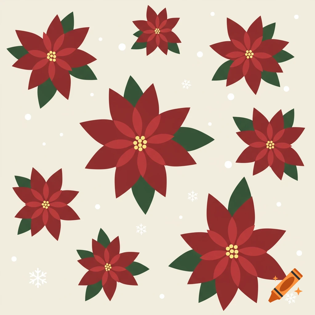 Flat design pattern of red poinsettia flowers with green leaves, yellow centers, and white snowflakes on a beige background.