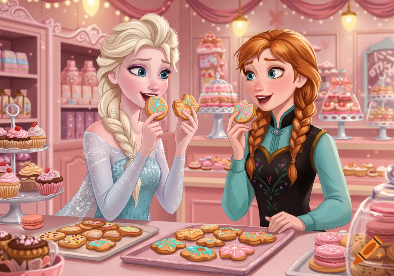 Cartoon Elsa and Anna happily eating cookies in a pink bakery filled with sweets.