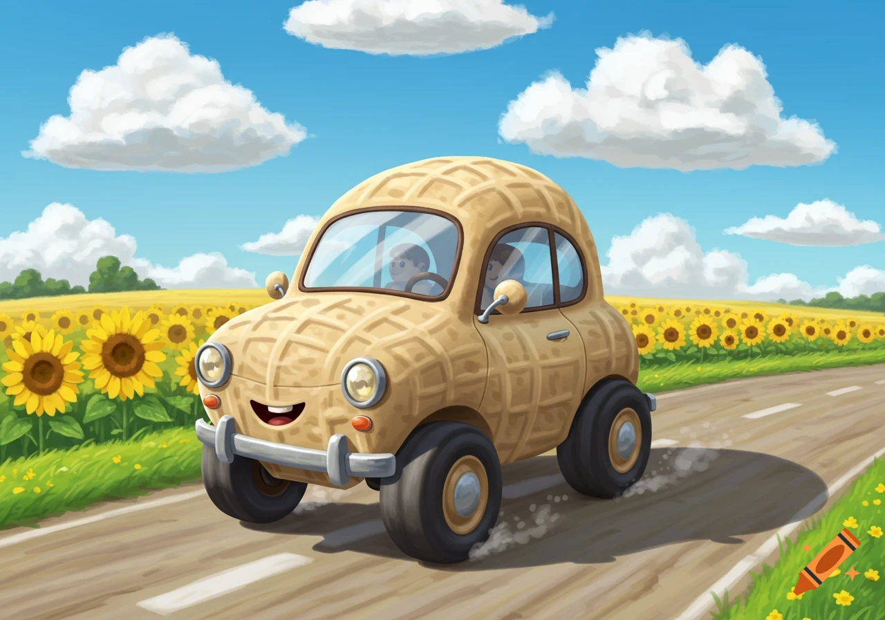 A cheerful cartoon peanut-shaped car drives on a road through a sunny field of yellow sunflowers under a blue sky.
