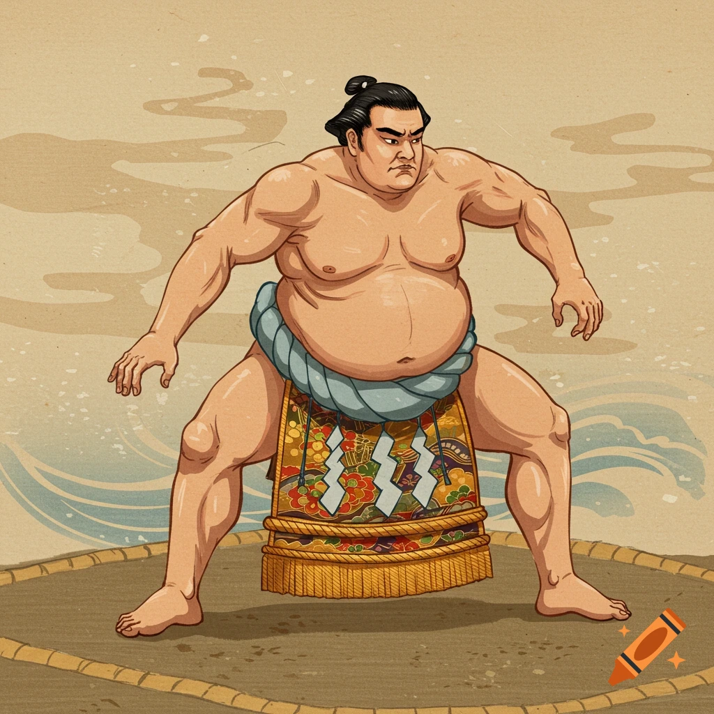 Ukiyo-e style illustration of a sumo wrestler in a wide stance, wearing a colorful kesho-mawashi, on a wrestling ring.