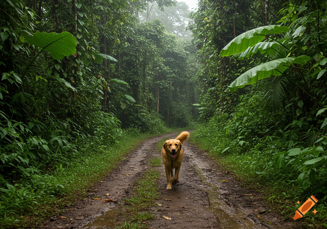 A golden retriever walks on a muddy path through a dense, wet rainforest on a cloudy day.