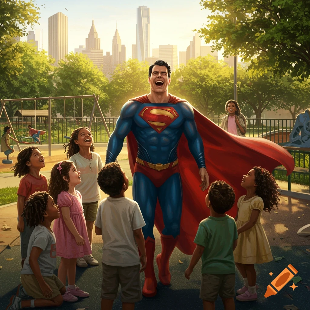 Superman, with his red cape, laughing with a group of diverse children in a sunny city park, with a skyline in the background.