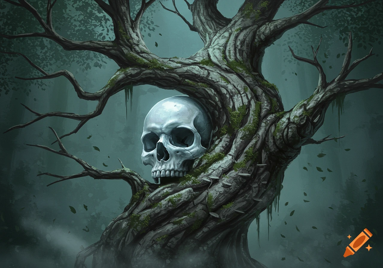 Bleached human skull embedded in a gnarled, moss-covered tree in a dark forest, digital painting.