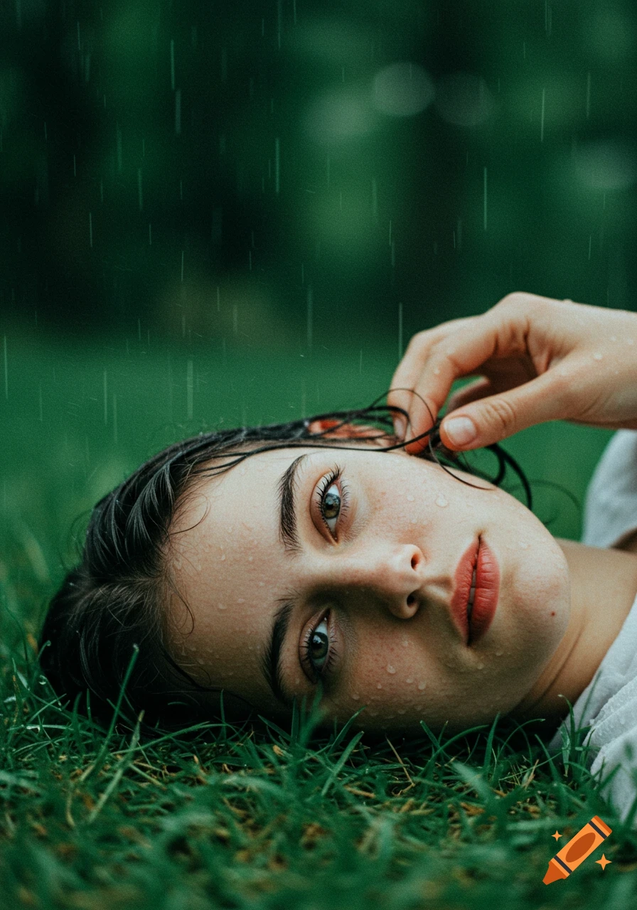 Photorealistic portrait of a woman lying in green grass with raindrops on her face and hair, her hand gently brushing her hair away.