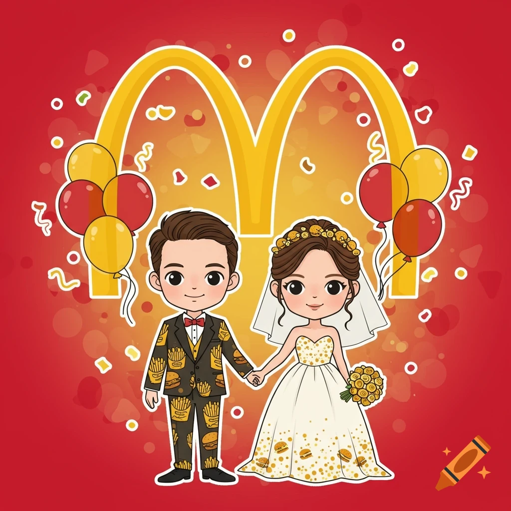 A cute cartoon bride and groom in McDonald's themed outfits stand under golden arches with balloons and confetti.