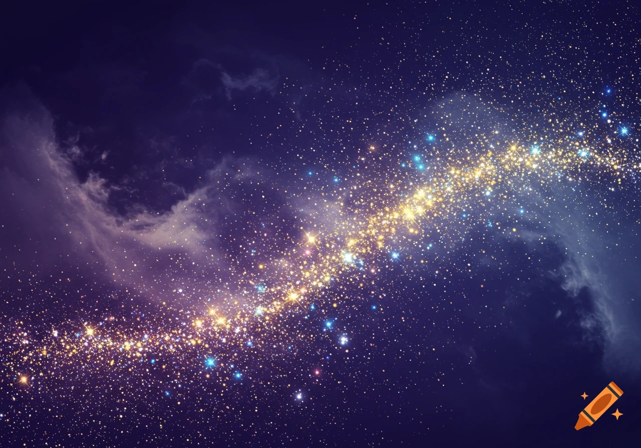 A dark purple and blue night sky filled with a dense, glittering stream of golden and blue stars.
