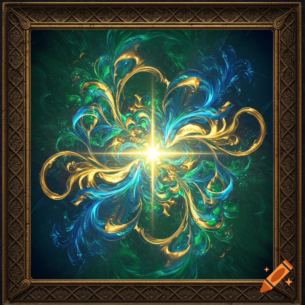 An abstract fantasy painting with swirling gold and blue patterns emanating from a bright central light, framed in an ornate bronze border.