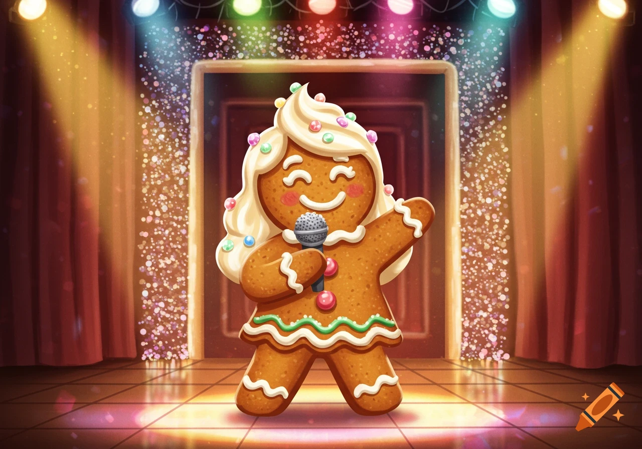 A happy cartoon gingerbread woman with blonde icing hair and candy sprinkles sings into a microphone on a spotlighted stage.