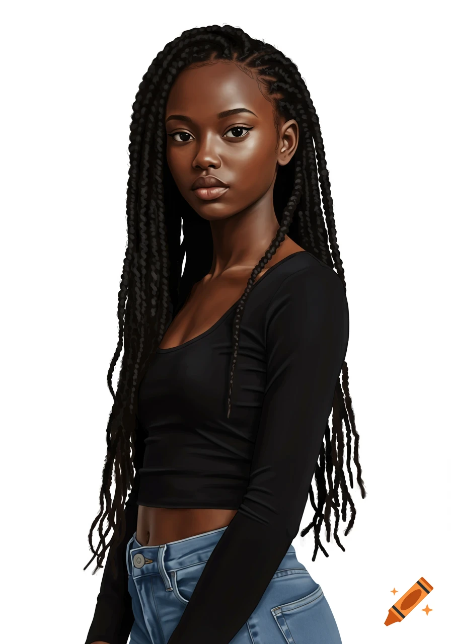 Young Black woman with long box braids, wearing a black crop top and blue jeans, posing confidently.